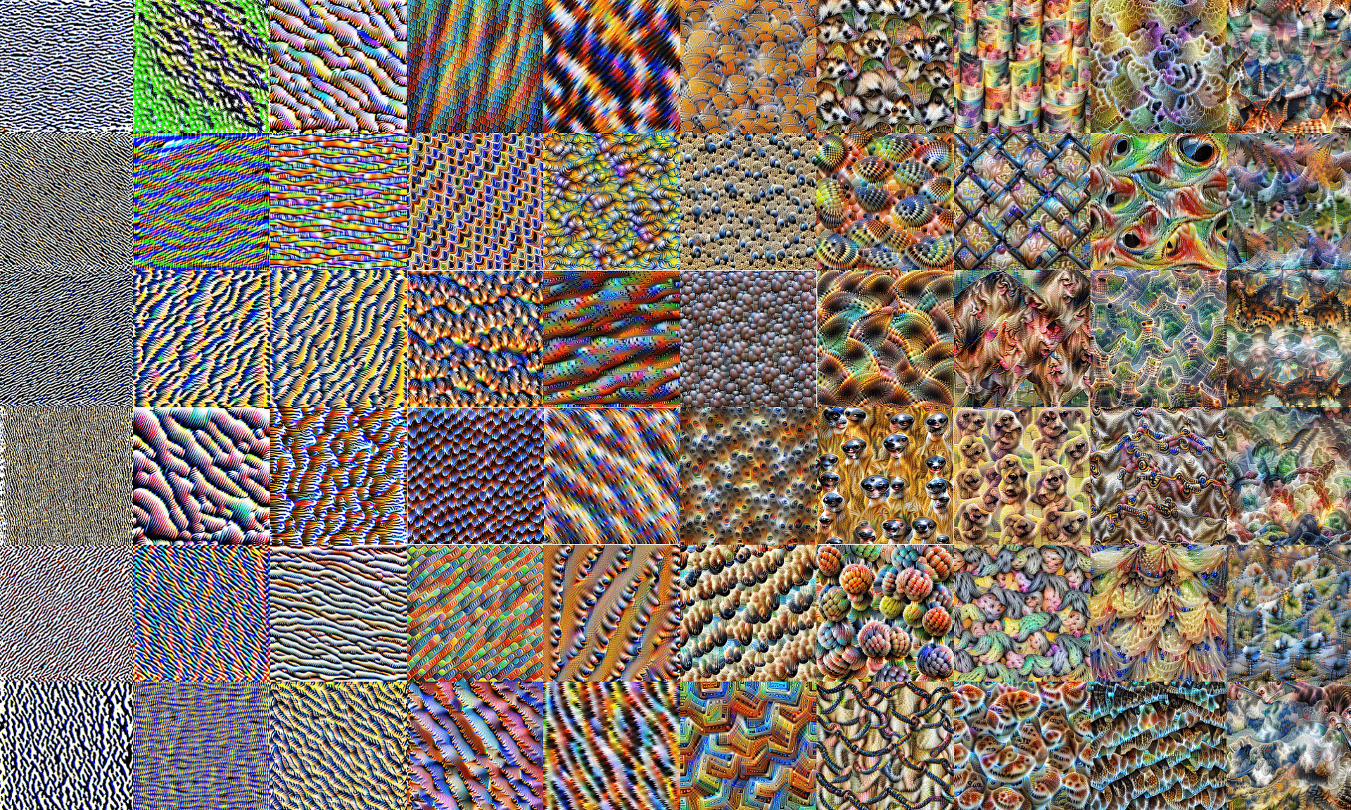 A grid of images synthesized to maximally activate artificial neurons in a neural network.